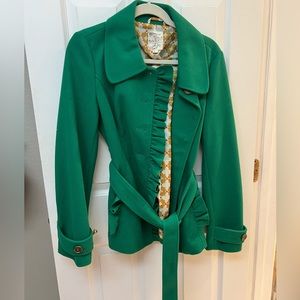 Beautiful green pea coat with ruffle detail L
